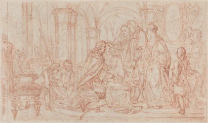 Ceremonie van de inwijding (rood krijt over grafiet, gekwadrateerd en ingesneden voor overdracht op gelakt papier)