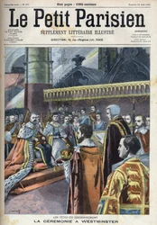 Ceremonie van de kroning in Westminster: koning Edward VII (1841-1910) en Alexandra van Denemarken (1844-1925), in "Le Petit Parisien"
