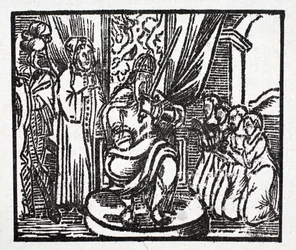 Karel de Grote slaat de ridders Reynauld, Guichard, Alard en Richardet, zonen van de hertog van Aymon, tot ridder