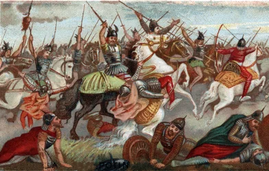 Karel Martel stopt de moslims bij de Slag bij Poitiers in 732. Chromolithografie uit de 19e eeuw.