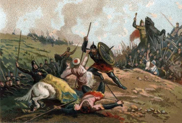 Karel Martel stopte de invasie en doodde de leider van het leger van Abd al-Rahman I of Abderamane I (731-788), leider van de Saracenen. Chromolithografie rond 1890.