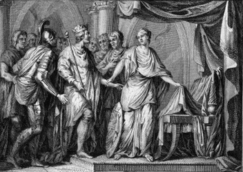 Childebert II (570-596), koning van Austrasië, nam bezit van het koninkrijk Bourgondië en Orléans na de dood van Gontran I in 592. Gravure uit de 18e eeuw.