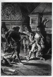 Childebert I (ca. 498-558) bij de moord op de erfgenamen van zijn broers in 526 - Childebert I laat Clotaire de kinderen van hun broer Clodomir, koning van Orléans, vermoorden, wiens staten ze delen, 526 - gravure uit 