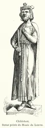 Childebert, geschilderd standbeeld van het Louvre Museum (gravure)