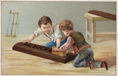 Kinderen bouwen een grote houten chocoladereep, reclame voor Suchard Chocolade