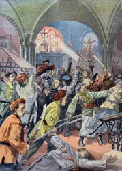 Chinese christenen afgeslacht in Mukden door de Boksers, uit Le Petit Journal, augustus 1900