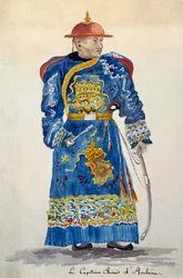 Chinese kapitein van Ambon, Molukken, aquarel door Jules-Louis Lejeune, gebaseerd op Reis rond de wereld