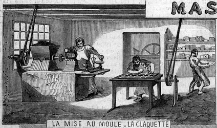 Chocoladeproductie: wegen en vormen, tikken. Usine de M. Masson, Parijs.