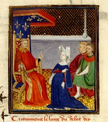 Christine spreekt Louis d’Orléans toe, MS Harley 4431, f.58v, Frankrijk, c.1410-14