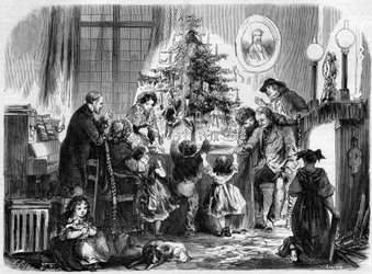 Kerstfeest in de Elzas: een familie verenigd rond de kerstboom. Gravure in 