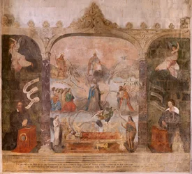 Kerk (Eglise Saint-Jean-Baptiste). Interieur. Kapel Saint-Fursy. Muurschilderingen. De verheerlijking van Maria (fresco genaamd de goede dood). Begin 17e eeuw.