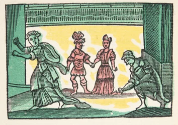 Assepoester of het glazen muiltje, uit Histories or Tales of Past Times verteld door Moeder de Gans, met moraal, door M Perrault, pub. 1925 (handgekleurde houtsnede)