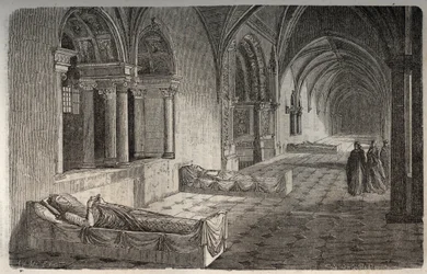 Klooster van Fontevrault met beelden van Hendrik II - Eleonore van Guyenne - gravure in 