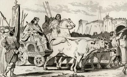 Clovis III (682-95) in een wagen getrokken door ossen, met Pepijn II van Herstal (ca.714) naast hem, uit 