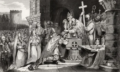 Clovis I (465-511) gedoopt met mannen uit zijn leger voor de slag bij Tolbiac, uit 