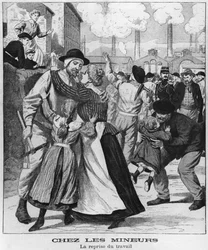 Kolenmijnwerkers gaan terug aan het werk, illustratie uit Le Petit Journal, begin 20e eeuw