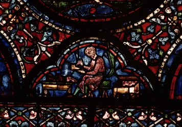 Schoenmaker, detail van een raam dat de dood van de Maagd toont