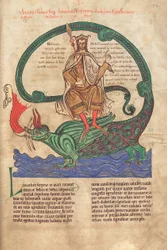 Cod. Guelf. 1 Gud. lat. 42r, de Antichrist rijdend op Leviathan, uit Liber Floridus van Lambert de Saint-Omer, ca. 1120