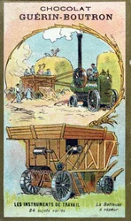 Verzamelkaart van Chocolat Guerin-Boutron met een stoomdorsmachine