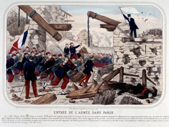 Commune van Parijs: Intocht van het Versaillaanse leger in Parijs. Gravure 1871. Parijs, Musee Carnavalet