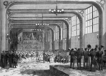 Concert uitgevoerd door Adolphe Sax, uitvinder van de saxofoon (1814-1894) in aanwezigheid van Emir Ben Mahi Ed Din Abd El Kader (1808-1883) in 1865