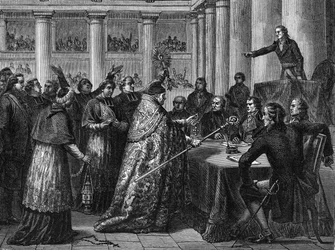 Concordaat van 1801 - Ondertekening van het Concordaat tussen Frankrijk (in aanwezigheid van Napoleon Bonaparte) en de Heilige Stoel (gravure)