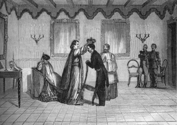 Kroning van koning Radama II van Madagaskar (1829-1863) door de Franse katholieke priester Jouen