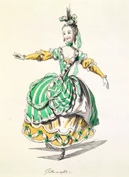 Kostuumontwerp voor Phrygienne, in Dardanus, een libretto door Leclerc de Labruere, gecomponeerd door Jean-Philippe Rameau, facsimile door A. Guillaumot Fils (kleurgravure)