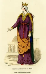 Kostuum van een Capetiaanse koningin in 1360, met een gouden kroon, op een lichte sluier die haar gladde kapsel gedeeltelijk verbergt, een open chlamyde (mantel) op de borst vastgemaakt door een gouden kettingfibula, de zeer lange tuniek is aangesnoerd in 