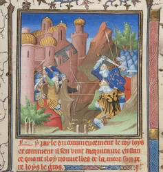Cotton Nero E II pt.1, f.222, Slag van Lodewijk VII en zijn vader, uit Grandes Chroniques de France