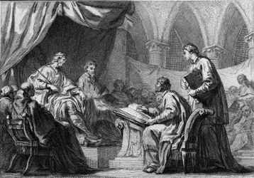 Concilie van Orléans, 511: Clovis I (466-511), koning der Franken, woont het concilie bij dat de samenwerking tussen de koningen van Frankrijk en de Katholieke Kerk instelde. Gravure uit de 18e eeuw.