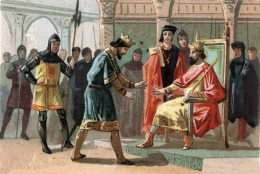 Graaf Louis de Crecy, bedreigd door de inwoners van Kortrijk, vraagt om hulp van de koning van Frankrijk Karel de Schone (1294-1328).