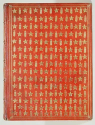 Omslag van een boek van kardinaal Mazarin, met de afwerking die de kardinaalse emblemen van sterren en fasces toont, 1644