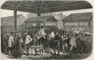 Vleesmarkt in de rue des Prouvaires in het 1e arrondissement van Parijs - Gravure in 
