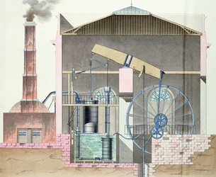 Dwarsdoorsnede van Watts stoommachine