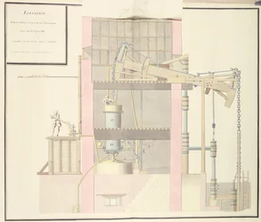 Dwarsdoorsnede van een stoommachine om water uit mijnen te halen, ca. 1760