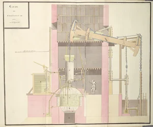 Dwarsdoorsnede van een stoommachine om water uit mijnen te halen, ca. 1760