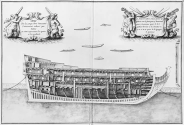 Dwarsdoorsnede van de volledig voltooide binnenkant van een schip, illustratie uit de Atlas de Colbert, plaat 37
