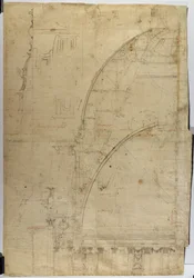 Dwarsdoorsnede van de koepel van de St. Pauls Cathedral, zoals gebouwd, met afmetingen