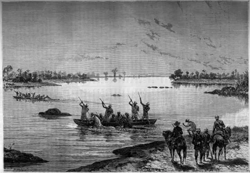 Oversteek van de Niger per boot door missionarissen. Gravure in het illustere tijdschrift 