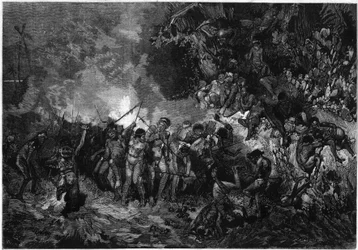 Gebruik van Nieuw-Caledonië: Pilou pilou, traditionele Kanak-dans. Gravure in 