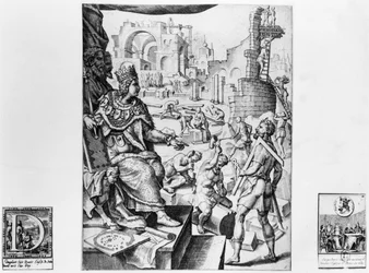 Dagobert I (605-39), Koning van de Franken, toezicht houdend op de bouw van de Basiliek Saint-Denis