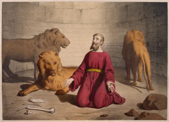 Daniël in de leeuwenkuil, illustratie uit een catechismus L