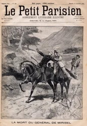 Dood van generaal Marie Joseph Francois de Miribel (1831-1893) door een beroerte na terugkeer van een inspectie in de Alpen. Uit de krant "Le Petit Parisien" op 24/09/1893.