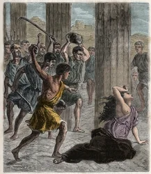 Dood van Hypatia - Hypatia (ca. 370-415) vrouwelijke wiskundige en filosoof (Neoplatonist) vermoord door volgelingen van Cyrillus, Patriarch van Alexandrië - Gravure in 
