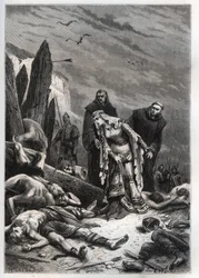 Dood van koning Harold II bij de Slag bij Hastings in 1066 - Edith Swannesha, bekend als Edith la Juste, ontdekt het lichaam van haar man - Ealdgyth, ontdekt het lichaam van Harold Godwi