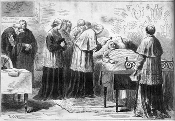 Overlijden van Paus Pius IX: ritueel van de erkenning van de dood van de paus. Een kardinaal slaat met een zilveren hamer op het voorhoofd van de overledene. Gravure in 
