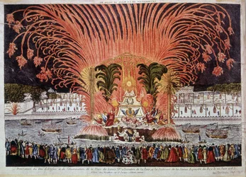 Versiering van vuurwerk en verlichting van de Place de Louis XV ter gelegenheid van de Vrede en de inwijding van het ruiterstandbeeld van de koning op 22 juni 1763