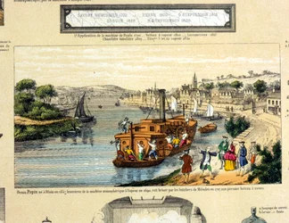 Denis Papin kijkt toe hoe zijn raderstoomboot wordt vernietigd door de schippers van Muenden in 1707