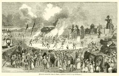 Laatste scène van het drama van Rama, afgebeeld voor de raja van Benares (gravure)